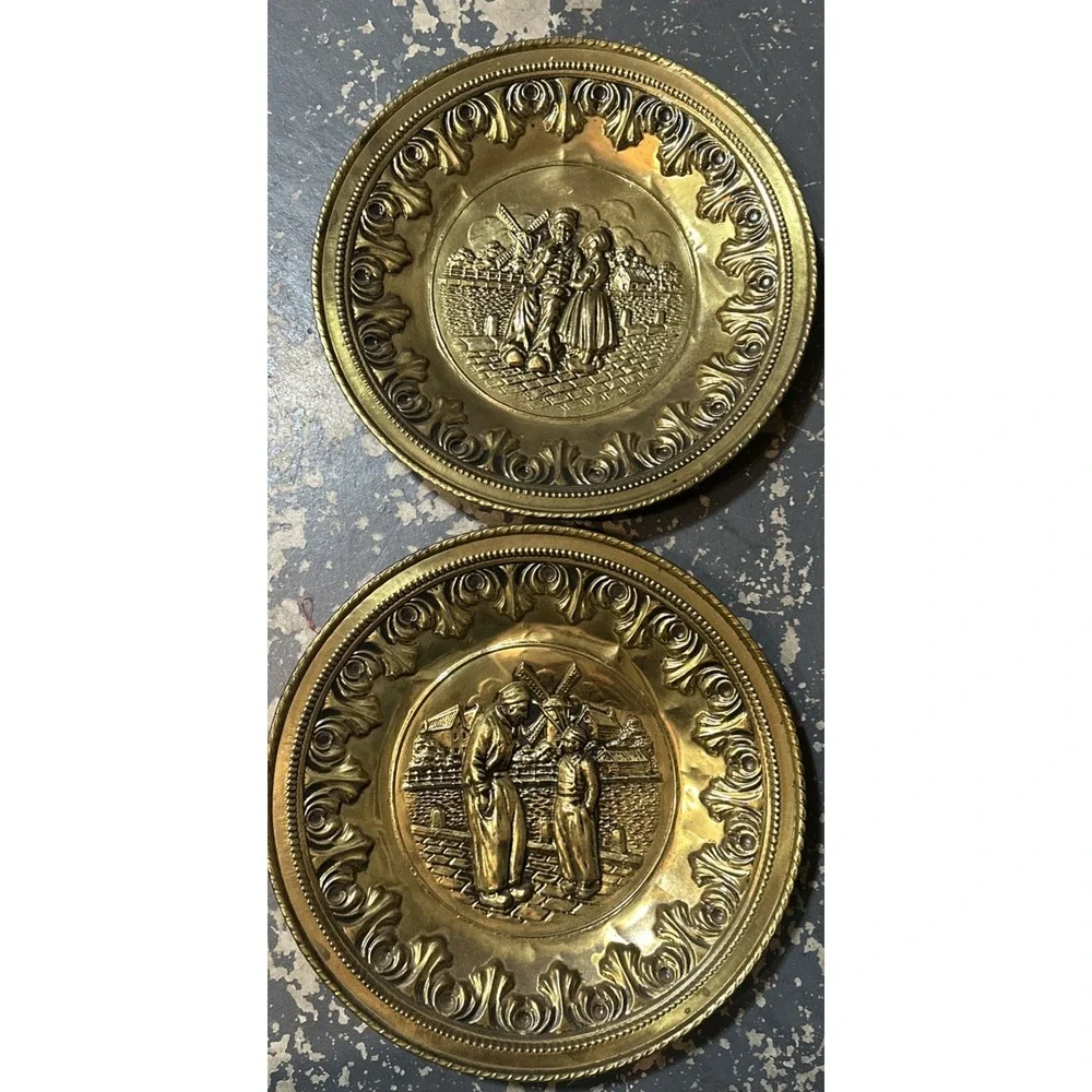 Vintage European Brass Wall Plates – Matched Pair Dutch Scenes 12